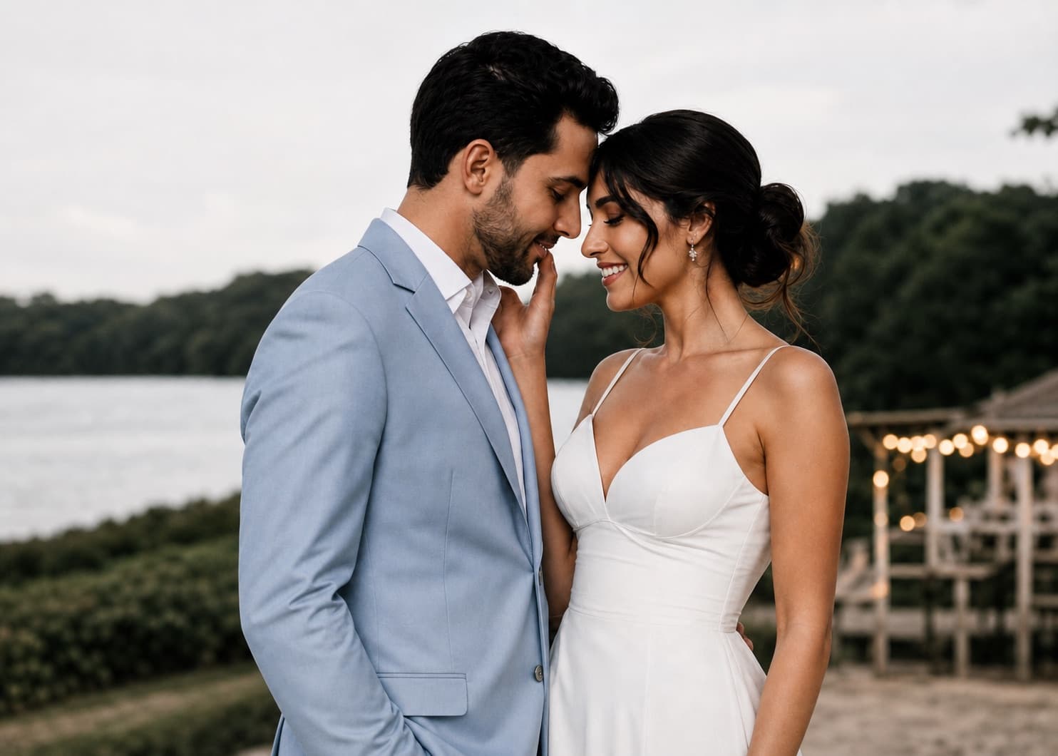 Pareja abrazada frente al lago, imagen provisional