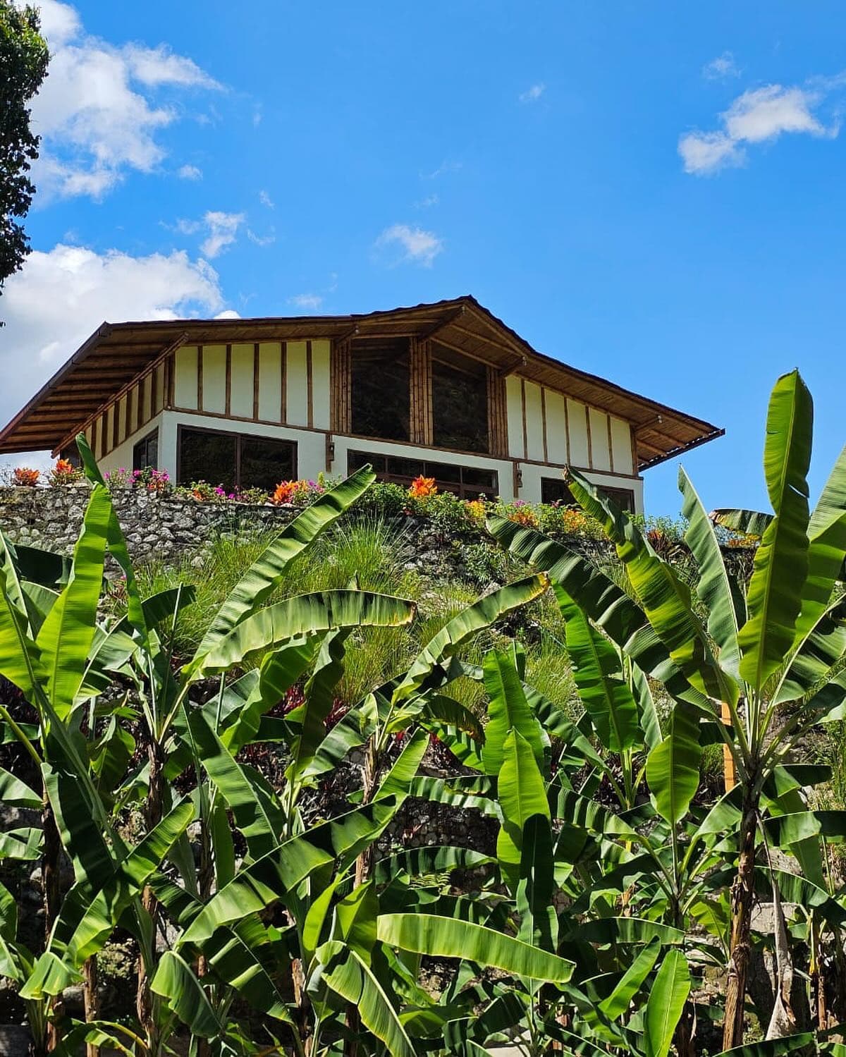 Cabaña La Isla en lo alto de la ladera, rodeada de plataneras y jardines florecidos, bajo un cielo azul
